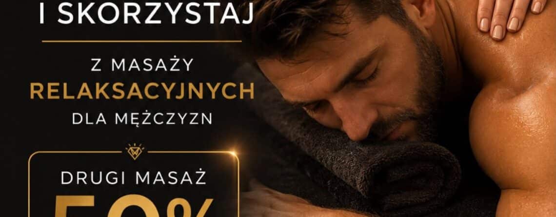 Grafika promocyjna Fabryki Diamentów – promocja na masaże relaksacyjne, drugi masaż 50% taniej w dniach 14-31 lipca.