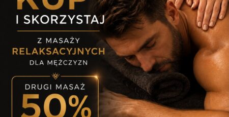 Grafika promocyjna Fabryki Diamentów – promocja na masaże relaksacyjne, drugi masaż 50% taniej w dniach 14-31 lipca.