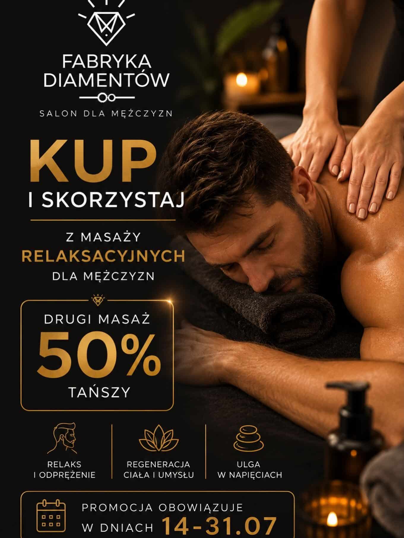 Grafika promocyjna Fabryki Diamentów – promocja na masaże relaksacyjne, drugi masaż 50% taniej w dniach 14-31 lipca.