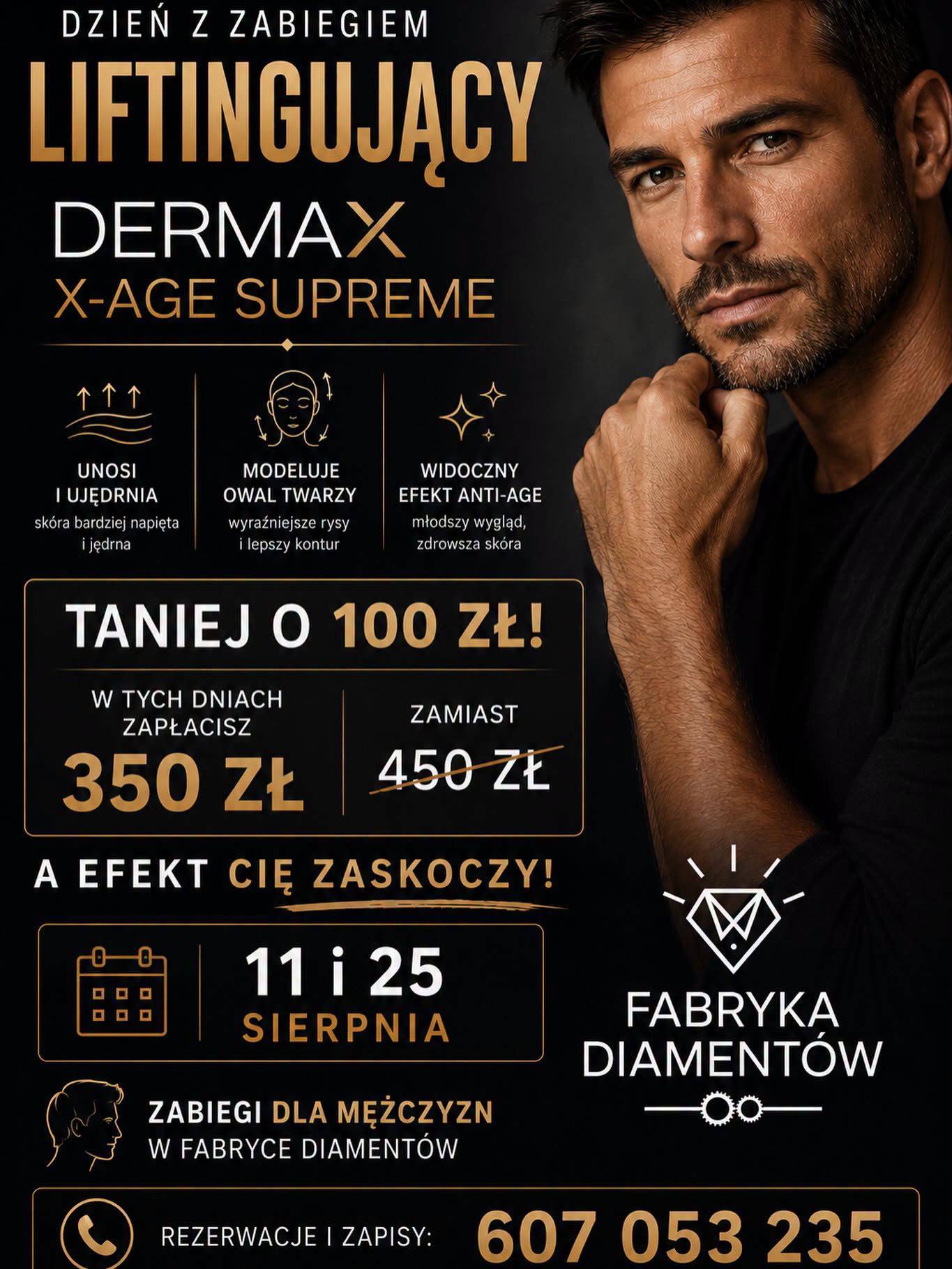 Zadbana męska skóra twarzy bez zmarszczek po zabiegu ujędrniającym X-AGE SUPREME DERMAX